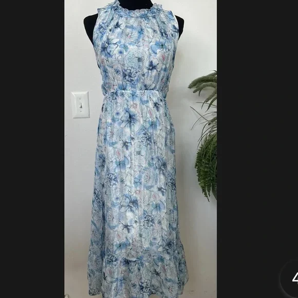Le Ragazze Tiered Floral Airy Silk Sleeveless Midi Maxi Dress Floral Blue L - Picture 10 of 10